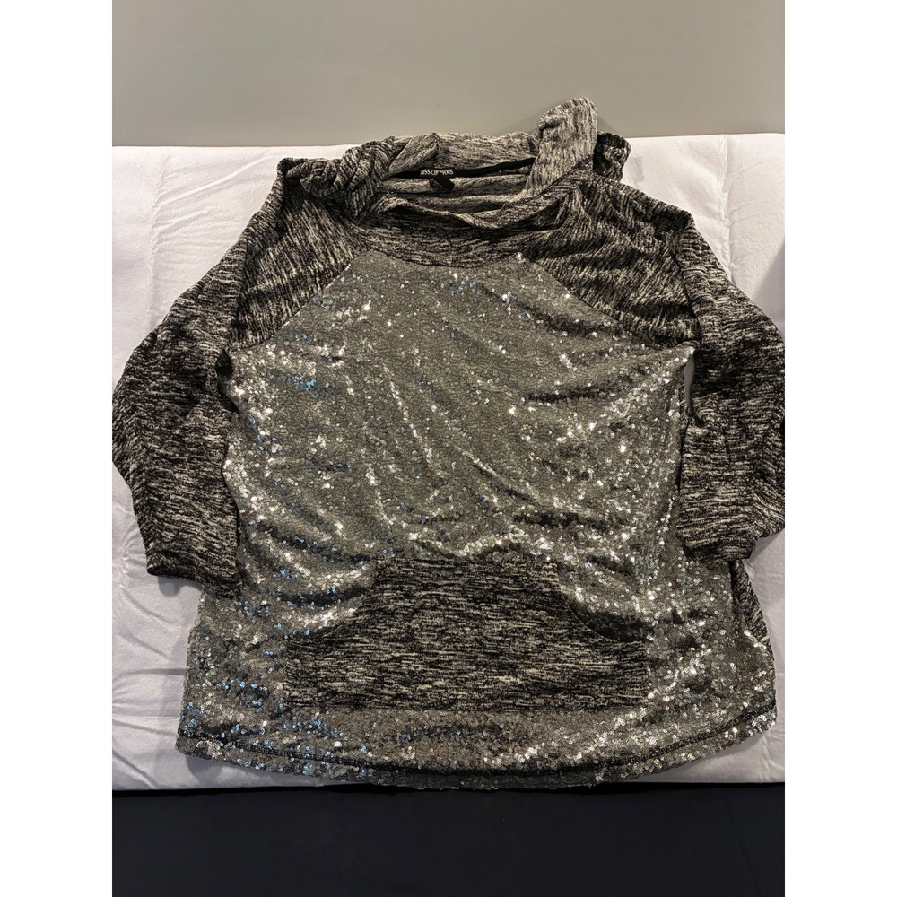 Miss Chievous Womens 3X Sequin Hoodie Space Dye Knit Pullover Top Silver Black